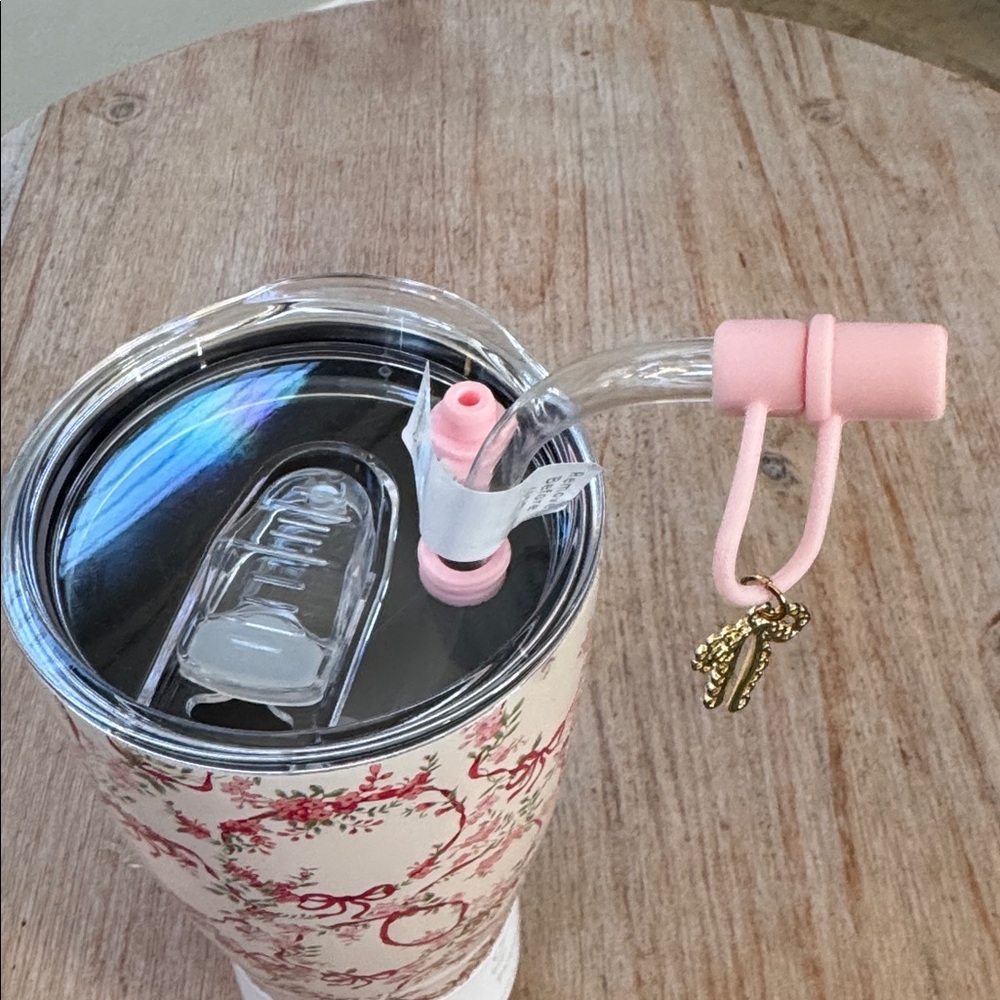 Shabby Chic Light Pink Tumbler with Red bows and flowers . 30oz. - Picture 4 of 5